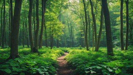 Wall Mural - Lush green forest pathway surrounded by tall trees and dense foliage during daylight in a serene natural setting