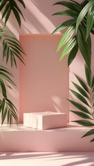 Poster - podium display with pink background surrounded by green tropical leaves
