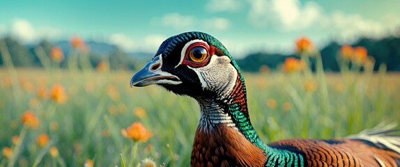 Poster - Close-up portrait of a peacock in a vibrant flower field with a blurred background of greenery and blue sky.