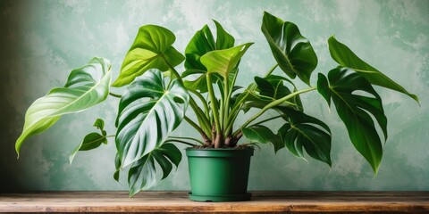 Wall Mural - Large green houseplant with striking leaves in a green pot against a textured wall background on a wooden surface