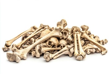 Skull and bone pile on white background. Neural network AI generated