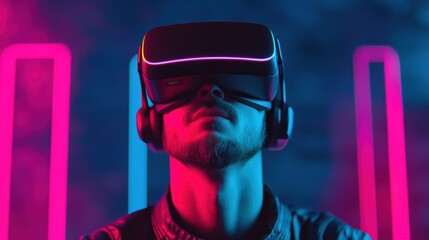 Poster - A person wearing a VR headset experiences immersive technology with vibrant neon lighting in the background.