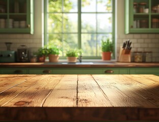 Aufkleber - Empty wooden table in a bright green kitchen with garden view