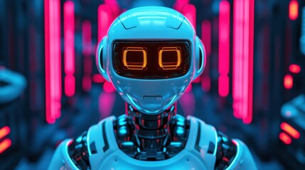 Poster - A futuristic robot with glowing orange eyes stands in a neon-lit corridor, showcasing advanced technology and design.