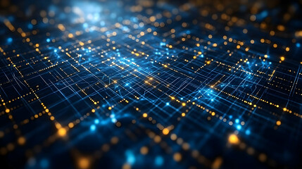Poster - Abstract Technology Network with Blue Light Glowing Data Circuit and Orange Connected Nodes