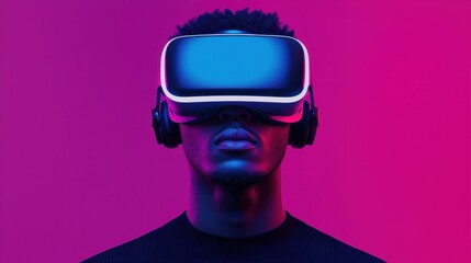 Poster - A person wearing a virtual reality headset and headphones against a gradient pink and blue background, showcasing immersive technology.