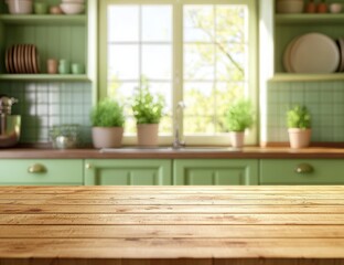 Poster - Empty wooden table in a blurred green kitchen