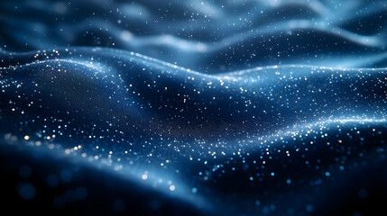 Poster - Abstract Blue Wavy Background with Glowing Particles and Digital Data Technology