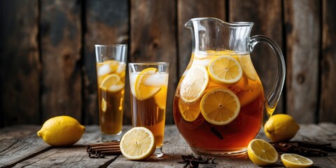 Poster - Freshly brewed iced tea with lemon slices served in a glass pitcher alongside glasses filled with ice and lemon garnishes on wooden table