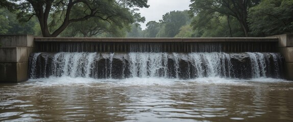 Wall Mural - Waterfall cascading over a concrete barrier surrounded by lush greenery in a serene natural setting on a cloudy day