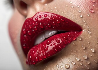 Wall Mural - A striking close-up of glossy red lips adorned with water droplets, highlighting beauty, sensuality, and high-fashion aesthetics