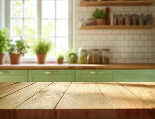Aufkleber - Empty wooden table in front of blurred kitchen background