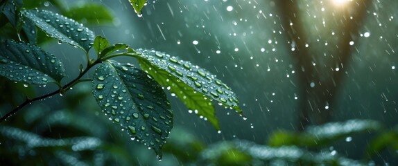 Wall Mural - Close-up of green leaves with water droplets during rainfall in a dense forest environment with soft sunlight filtering through trees