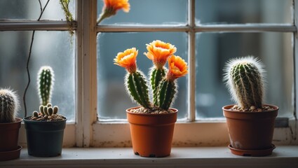 Wall Mural - Cacti with vibrant orange flowers in pots placed on a sunlit windowsill with a soft focus background