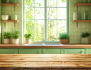 Poster - Empty wooden table in front of defocused blurred green kitchen window background