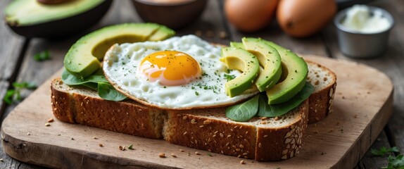 Wall Mural - Avocado toast topped with a fried egg on a wooden cutting board with greens and eggs in the background