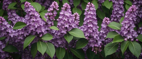 Wall Mural - vibrant purple lilac flowers with lush green leaves in a natural garden setting during spring season