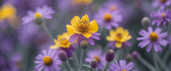 Wall Mural - Close-up of vibrant wildflowers in purple and yellow hues with soft bokeh background in a natural outdoor setting.