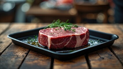 Canvas Print - Raw ribeye steak on a black tray garnished with herbs placed on a rustic wooden table with blurred background.