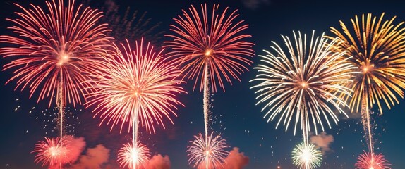Poster - Colorful fireworks display illuminating night sky in various shapes and patterns celebrating festive occasions and holidays