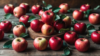 Poster - Red apples arranged on a wooden table with green leaves and a wooden cutting board in a rustic setting