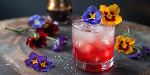 Wall Mural - Cocktail glass filled with ice and colorful flowers on a wooden surface with vibrant pansies and decorative syrup bottle in the background