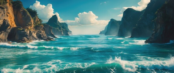 Poster - Coastal landscape with rocky cliffs, turquoise ocean waves, and dramatic clouds in bright daylight.