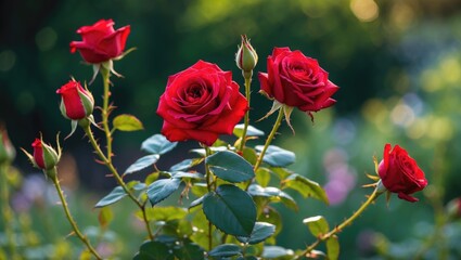 Wall Mural - Close-up of vibrant red roses in a garden with lush green foliage and soft bokeh background suggesting peacefulness and beauty