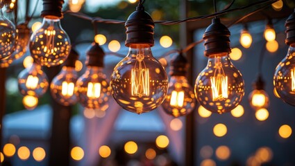 Poster - String lights with glowing bulbs hanging in an outdoor setting during twilight creating a warm ambiance.