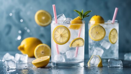 Wall Mural - Lemonade drinks with slices of lemon and ice cubes on a blue background with fresh lemons and cocktail straws.