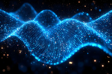 Poster - Abstract Blue Glowing Particle Waves on Black Background Futuristic Digital Design
