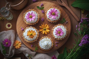 Wall Mural - Colorful tartlets decorated with flowers and cream showcase edible flowers in delightful presentation. Concept emphasizes edible flowers for enhancing dessert aesthetics