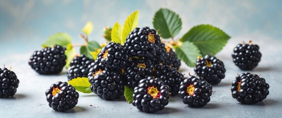 Poster - Fresh ripe blackberries scattered on a textured surface with green leaves in a natural light setting.