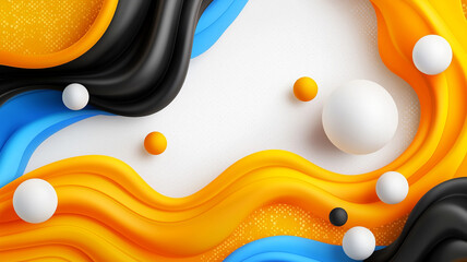 Fototapete - Colorful Abstract Composition of Flowing Shapes and Spheres in Black, Blue, Orange and White Background