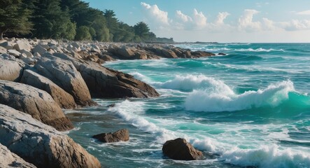 Poster - Rocky coastline with waves crashing against boulders under a blue sky and scattered clouds in a scenic natural setting.