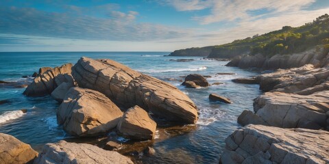 Wall Mural - Rocky coastline with large boulders and clear ocean water under a partly cloudy sky at daytime