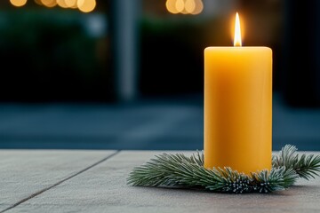 Poster - Advent wreath with the first lit candle and Christmas decoration outdoors in a patio at night in bluish light, snowy bokeh, copy space, colorized photo, selected focus