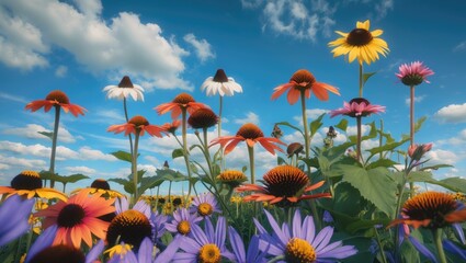 Wall Mural - Colorful wildflowers in a field under a bright blue sky with fluffy clouds on a sunny day.