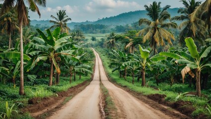 Wall Mural - Dirt road stretching through lush banana plantation under cloudy sky with distant hills in the background