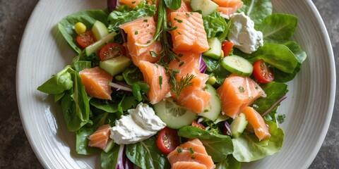 Sticker - Fresh salad with smoked salmon, mixed greens, cucumbers, cherry tomatoes, and goat cheese served on a rustic plate