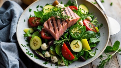 Sticker - Grilled salmon salad with mixed greens cherry tomatoes cucumbers and herbs served in a bowl on wooden table