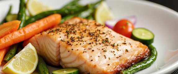 Canvas Print - Grilled salmon fillet served with green beans, carrots, cherry tomatoes, cucumber slices, and lemon wedges on a white plate