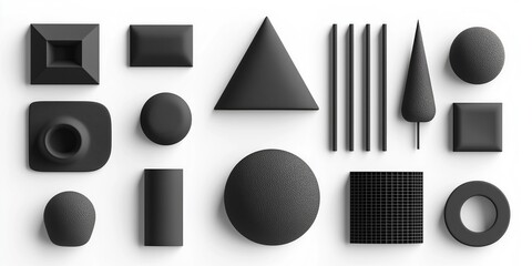 Aufkleber - A collection of various black geometrical shapes and objects arranged on a white background, showcasing modern design elements.