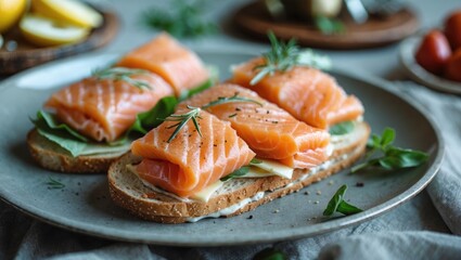 Canvas Print - Fresh salmon slices on whole grain bread with greens and herbs served on a gray plate against a softly blurred background