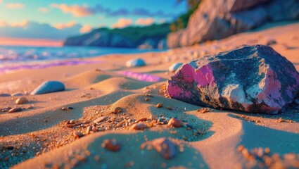 Wall Mural - Colorful rock on a sandy beach at sunrise with gentle waves and shoreline in the background, creating a tranquil coastal scene.