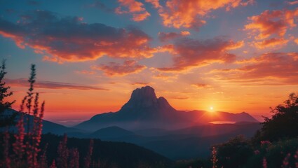 Wall Mural - Mountain landscape during sunset with vibrant clouds and foreground vegetation in warm shades of orange and purple colors.