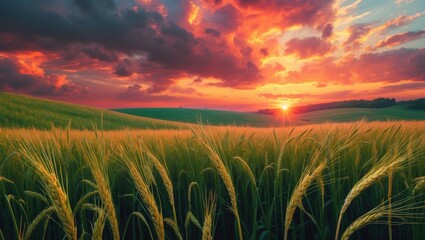 Wall Mural - Sunset over golden wheat field with vibrant clouds and lush green hills in the background under dramatic sky colors