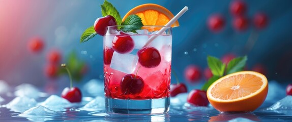 Poster - Fresh fruit cocktail with cherries, orange slice, mint leaves, ice cubes on blue background with water droplets