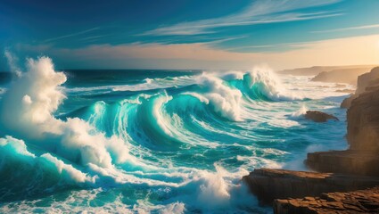 Wall Mural - Dynamic ocean waves crashing against rocky coastline under a clear blue sky at sunset with vibrant turquoise water