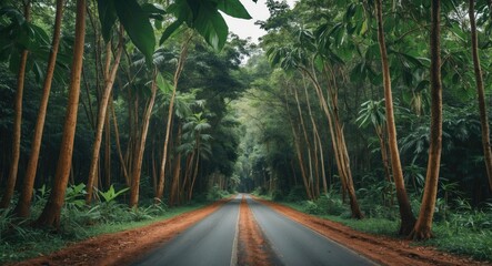 Wall Mural - Rural Road Surrounded By Lush Teak Forests Green Foliage Nature Scenic Pathway Tranquil Environment Beautiful Landscape